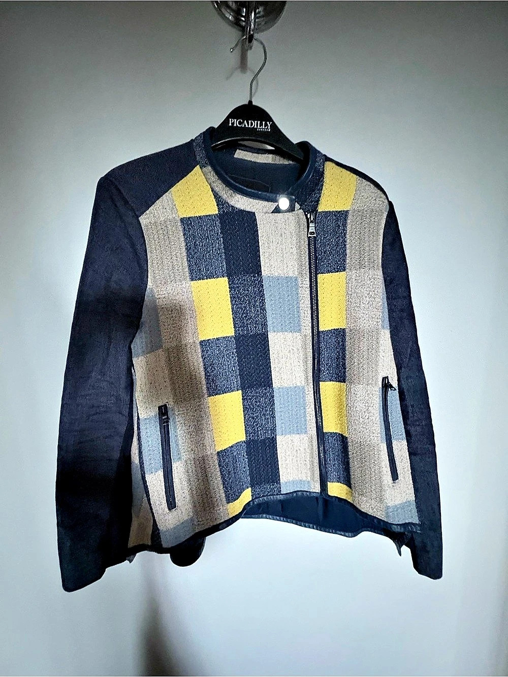 BCBG Max Azria Jakob Geometric Jacket in Blue & Yellow Small Like New